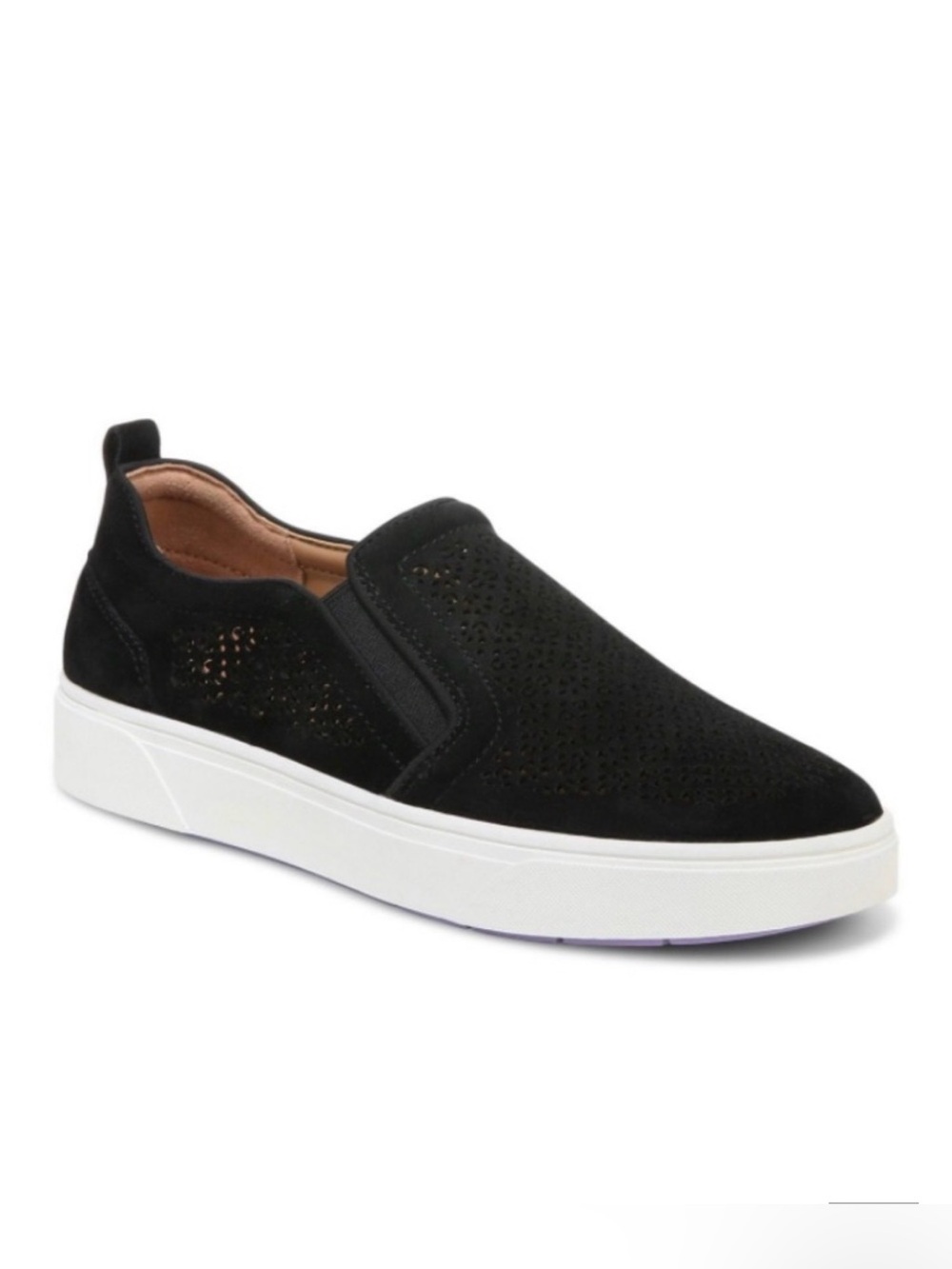 Vionic Kimmie Performance Sneaker Black Suede Purple Bottoms Size 7 NWT